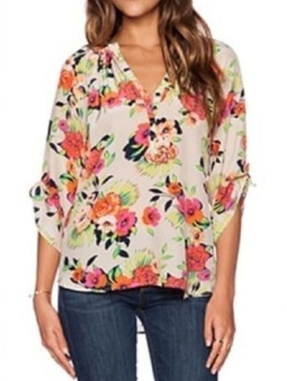 Yumi Kim Silk White Pink Floral Blouse Top Size XS